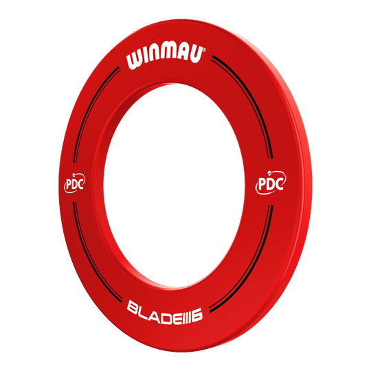 Winmau PDC Dartboard Surround - Red Das Bild zeigt einen roten Winmau PDC Dartboard Surround. Auf dem Ring stehen die Wörter "Winmau", "PDC" und "Blade 6".