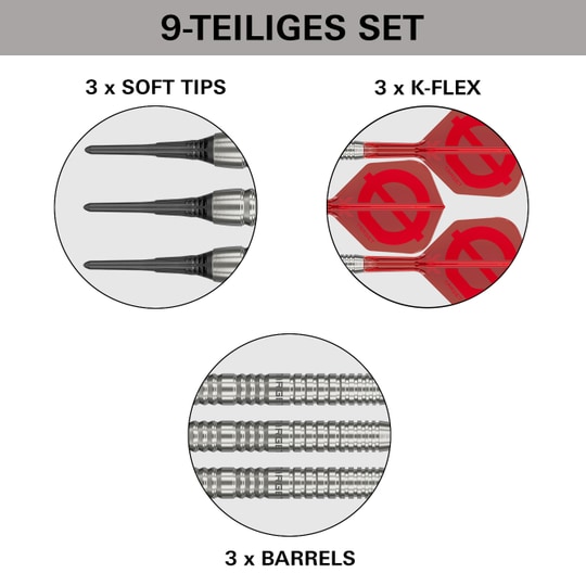 Target Group O 12 Softdarts Das Bild zeigt die Target Group O 12 Softdarts. Die Anordnung ist aus einer anderen Sicht aufgenommen.