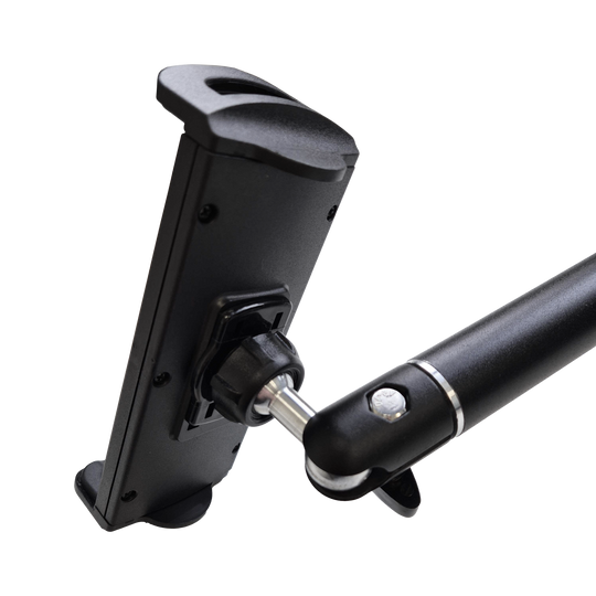 McDart TABFlex tablet wall mount with flexible arm Das Bild zeigt die McDart TABFlex Tablet Wandhalterung mit flexiblem Arm. Die Halterung ist schwarz und lässt sich einstellen, um ein Tablet sicher zu befestigen.