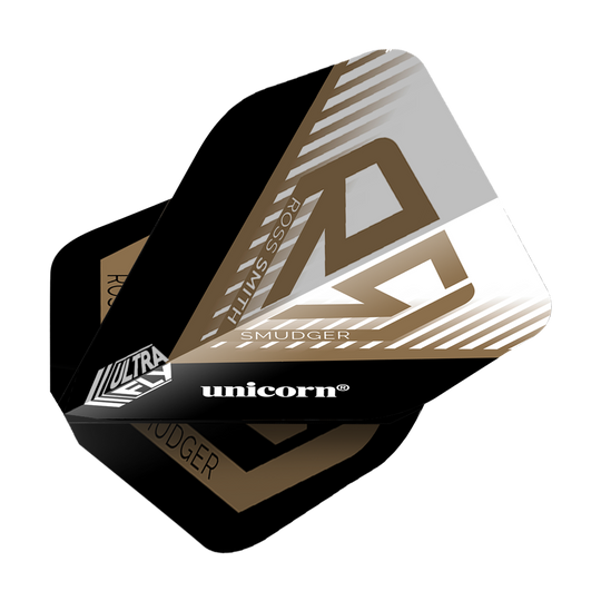 Unicorn Ultrafly 100 Ross Smith Smudger AR1 Flights Das Bild zeigt die Dartflights "Unicorn Ultrafly 100 Ross Smith Smudger AR1". Die Flights sind schwarz, weiß und gold gestaltet und tragen den Namen des Spielers sowie das Unicorn-Logo.