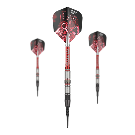 DW Piranha Razor 02 Softdarts Das Bild zeigt drei Softdarts des Produkts „DW Piranha Razor 02“. Die Darts haben ein schwarzes und rotes Design mit metallischen Elementen.