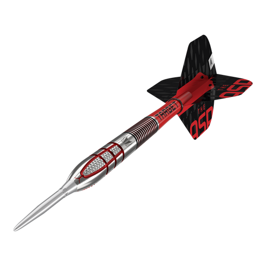 Target Nathan Aspinall GEN2 Swiss Point steel darts Das Bild zeigt einen modernen Steeldartpfeil mit silberner Spitze und rot-schwarzem Schaft. Auf den Flights steht in roten Buchstaben "THE ASP".