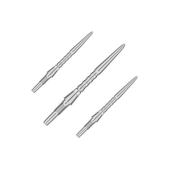 Auf dem Bild sind drei silberne Steeldartspitzen abgebildet. Sie sind schmal, metallisch und haben ein präzises, geriffeltes Design.