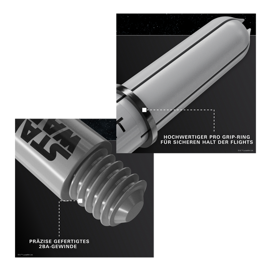 Target Star Wars ProGrip Shafts - Gray Gezeigt wird das Produkt Target Star Wars ProGrip Shafts - Grau. Die robusten Dartschäfte sind in Grau gehalten.