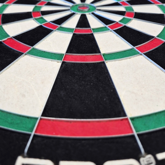 Harrows Quadro 240 steel dartboard Harrows Quadro 240 Steeldartboard wird aus einer anderen Perspektive gezeigt. Das Rundsegment ist gut zu erkennen.