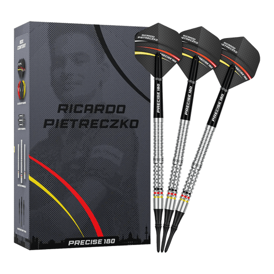 Precise 180 Ricardo Pietreczko GEN1 soft darts Gezeigt werden die Precise 180 Ricardo Pietreczko GEN1 Softdarts. Diese Softdarts zeichnen sich durch ihre Präzision aus.