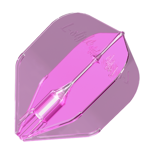 L-Style Fantom L3EZ Flights Clear Pink Das Bild zeigt ein durchsichtiges, pinkes Dart-Flight mit der Aufschrift „L-style“. Es handelt sich um das Produkt „L-Style Fantom L3EZ Flights Clear Pink“.