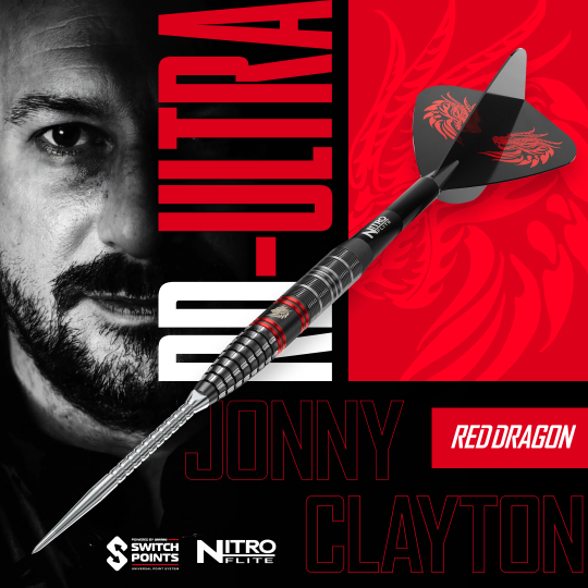 Red Dragon Jonny Clayton RD-ULTRA Switch Point Steeldarts - 22g Zu sehen sind die Red Dragon Jonny Clayton RD-ULTRA Switch Point Steeldarts mit 22 Gramm. Die Darts werden aufrecht ausgerichtet dargestellt.