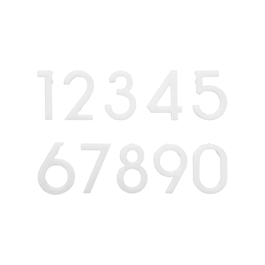 McDart Dartboard Replacement Numbers Das Bild zeigt weiße Ersatznummern von 0 bis 9 für eine Dartscheibe. Die Zahlen sind nebeneinander in zwei Reihen angeordnet.