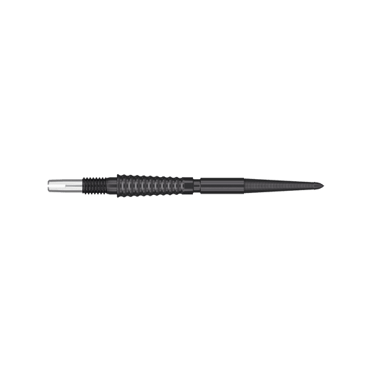 Target Swiss Storm LNC dart tips - Black Das Bild zeigt eine schwarze Dartspitze mit einer geriffelten Oberfläche. Sie ist schlank und etwa 30 mm lang.