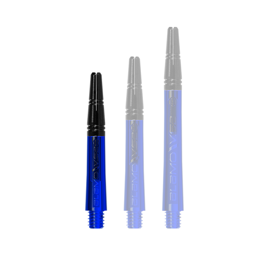 Harrow's Alamo VS2 Shafts - Blue Auf dem Bild sind drei blaue Dartschäfte in unterschiedlichen Längen zu sehen. Die Schäfte haben jeweils ein schwarzes Oberteil und einen Schraubgewinde am unteren Ende.