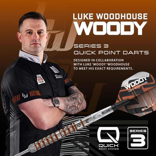 Auf dem Bild befindet sich Harrows Luke Woodhouse Series 3 Quick Point Steeldarts. Es handelt sich um eine hochwertige Steeldart-Serie.