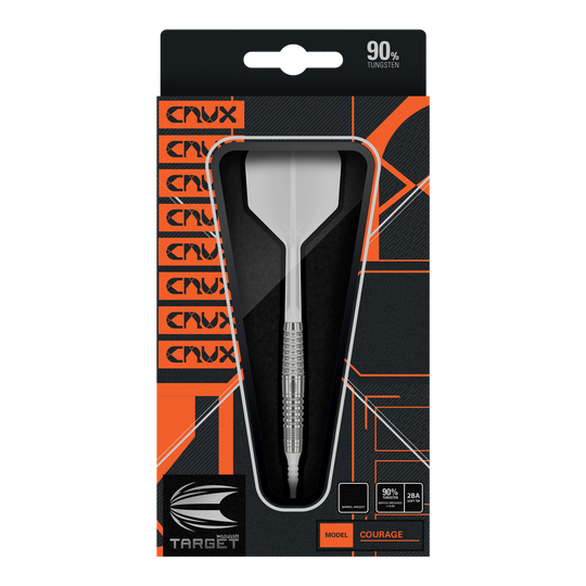 Target Japan Crux Courage Soft Darts - 19g Die Abbildung zeigt das Produkt "Target Japan Crux Courage Softdarts - 19g" in seiner Verpackung. Die Verpackung ist schwarz mit orangefarbenen Akzenten und zeigt einen einzelnen Dartpfeil deutlich sichtbar.