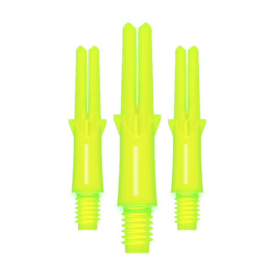 Das Bild zeigt drei neon-gelbe, gerade Dart-Schäfte mit Gewinde. Sie sind unterschiedlich lang und stehen nebeneinander aufrecht.
