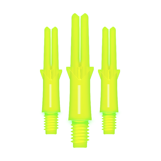 L-L-Style-Shafts Locked Straight - Neon Yellow Das Bild zeigt drei neon-gelbe, gerade Dart-Schäfte mit Gewinde. Sie sind unterschiedlich lang und stehen nebeneinander aufrecht.