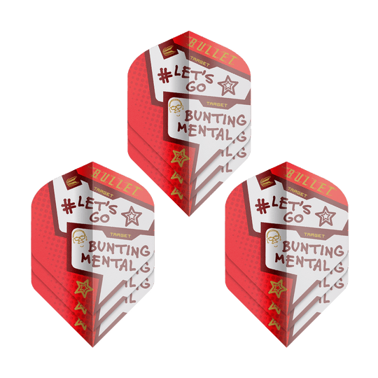 Target Pro Ultra Stephen Bunting Mental No2 Standard Flights - 3 Sets Das Bild zeigt drei Sets der Target Pro Ultra Stephen Bunting Mental No2 Standard Flights. Die Flights sind überwiegend rot und weiß gestaltet und tragen die Aufschrift "#LET'S GO BUNTING MENTAL".