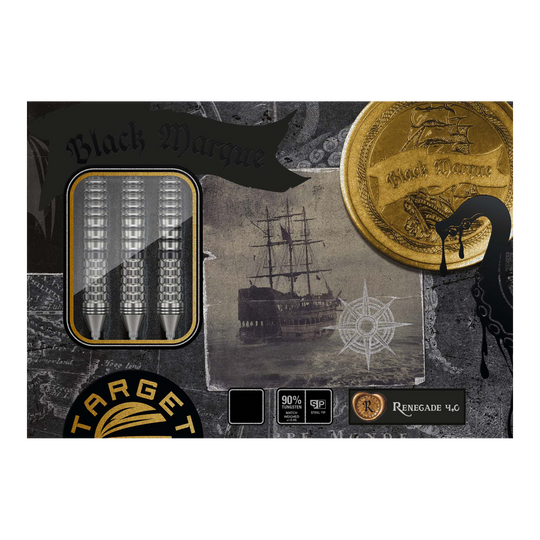 Target Black Marque Renegade 4 Swiss Point Steeldarts Auf dem Bild sind die "Target Black Marque Renegade 4 Swiss Point Steeldarts" zu sehen. Die Verpackung zeigt drei Darts, ein Schiff und eine goldene Münze mit dem Schriftzug "Black Marque".