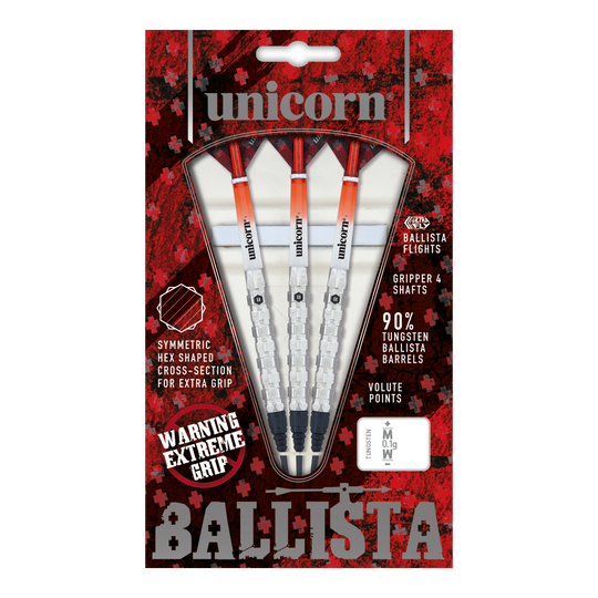 Unicorn Ballista Style 1 soft darts Das Bild zeigt die Verpackung der "Unicorn Ballista Style 1 Softdarts". In der Packung befinden sich drei Softdarts mit weiß-roten Flights und silbernen Griffen.