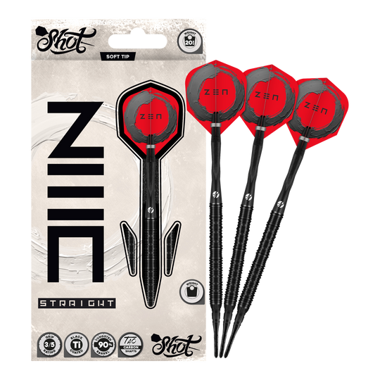 Shot ZEN Straight Softdarts - 20g Hier sieht man die Shot ZEN Straight Softdarts mit 20 Gramm Gewicht. Sie sind speziell für Softdartspieler konzipiert.