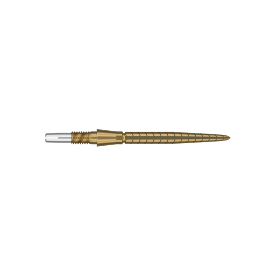 Target Swiss Storm Quartz Dart Tips - Gold Dies ist eine goldfarbene Dartspitze mit feinen Rillen und Linien. Sie hat ein schlankes, präzises Design und eine silberne Spitze am Ende.