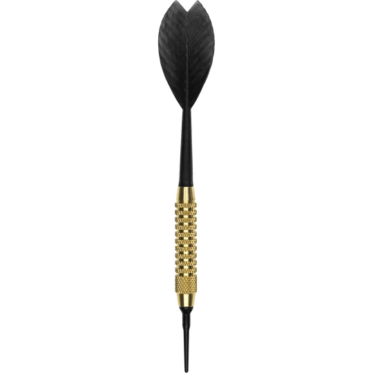 621_Automatenpfeile_Set_1rmTjK7iRdwhD4 Das Bild zeigt einen einzelnen Dartpfeil aus dem Automatenpfeile Set. Der Pfeil hat ein goldenes Griffstück und schwarze Flügel sowie eine schwarze Kunststoffspitze.
