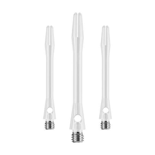 HR373_Harrows_Keramic_Shafts_Weiss_41mm_1GMWRDnji9eW1E Das Bild zeigt drei weiße Harrows Keramic Shafts für Dartpfeile. Sie sind aus robustem Material gefertigt und haben einen Metall-Gewindeanschluss.