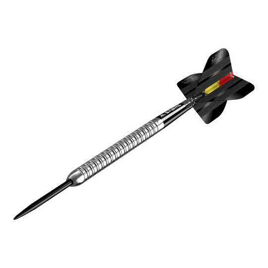 Mission Mike De Decker MDD Silver Steel Darts Das Bild zeigt einen silbernen Steeldart mit dem Namen "Mission Mike De Decker MDD Silver Steeldarts". Der Dartpfeil hat eine schwarze Flugfeder mit einem roten und gelben Streifen.