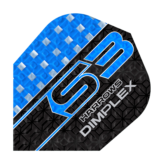 Harrows Dimplex S3 Flights - Blue Das Bild zeigt ein blau-schwarzes Dartflight mit der Aufschrift "S3 HARROWS DIMPLEX". Die Oberfläche hat ein strukturiertes Muster mit silbernen Akzenten.