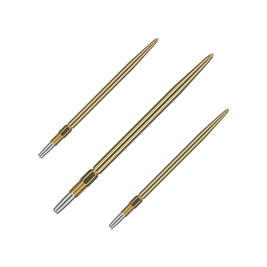 Target Swiss Point Gold dart tips Auf dem Bild sind drei goldene Dartspitzen zu sehen. Sie haben ein geriffeltes silbernes Endstück zur Befestigung.
