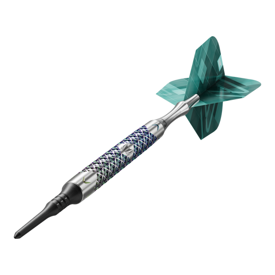 Target Rove 10 Soft Darts Das Bild zeigt einen einzelnen Target Rove 10 Softdart. Der Dart hat ein silbernes, gemustertes Barrel und grüne Flights.