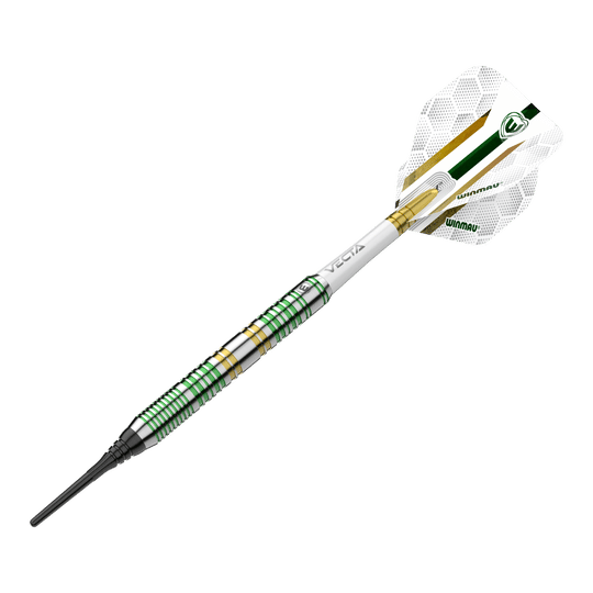 Winmau Xenon Softdarts - 20g Das Bild zeigt den Winmau Xenon Softdart mit einem Gewicht von 20 Gramm. Der Dart hat grüne und goldene Akzente sowie einen weißen Flight mit Winmau-Logo.