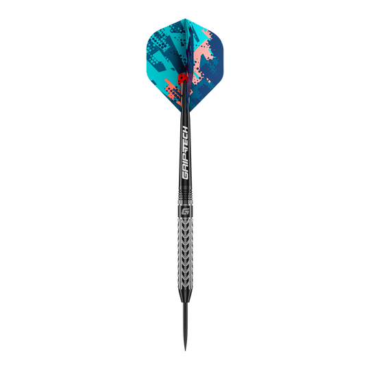 GOAT Traction Tungsten Steel Darts Das Bild zeigt einen GOAT Traction Tungsten Steeldart mit einem auffälligen, bunten Flight-Design. Der Dartpfeil hat einen silbernen Schaft mit feinen Gravuren und die Aufschrift "GRIPTECH".