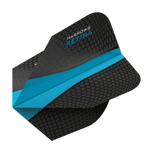 Das Bild zeigt ein Harrows Retina Aqua No6 Dart-Flight. Es ist überwiegend schwarz mit einem auffälligen blauen Streifen in der Mitte.