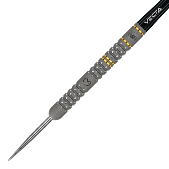 Winmau Michael Van Gerwen Evo-X steel darts Dies ist ein Winmau Michael Van Gerwen Evo-X Steeldart. Der Dartpfeil hat ein silbernes Barrel mit gelben Akzenten und einer schwarzen Spitze.