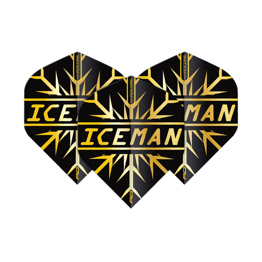 TF6844_Red_Dragon_Hardcore_Gerwyn_Price_Gold_Snowflake_Standard_Flights_1NbTZbdwTX9EOP Das Bild zeigt drei schwarze Dart-Flights mit goldenen Schneeflocken-Designs. In der Mitte steht in goldener Schrift das Wort "ICEMAN".