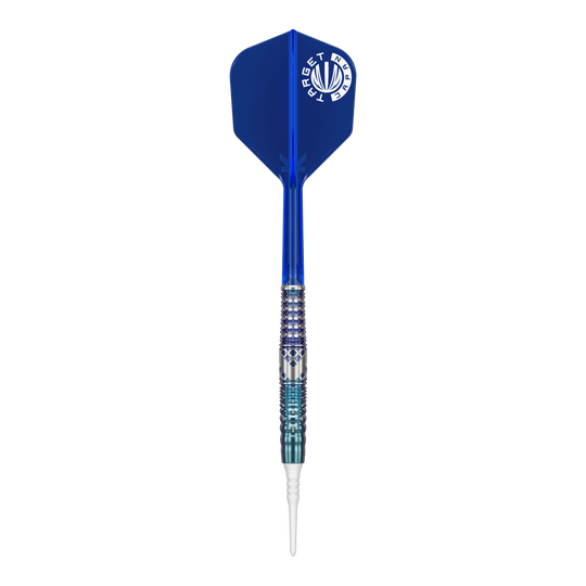 Target Japan Cathy Leung Charis GEN5 Soft Darts - 19g Das Bild zeigt einen Softdart mit einem blauen Flight und silber-blau gemustertem Griff. Es handelt sich um das Produkt "Target Japan Cathy Leung Charis GEN5 Softdarts - 19g".