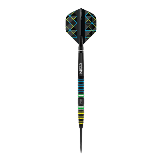 Red Dragon Dragonfly 95 Black Tapered Steel Darts Das Bild zeigt einen Red Dragon Dragonfly 95 Black Tapered Steeldart. Der Dart hat ein schwarzes Design mit farbigen Ringen und geometrischen Mustern auf den Flights.