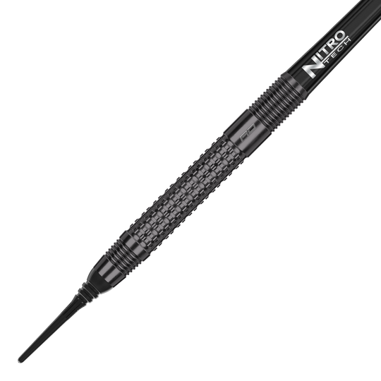 Red Dragon T-800 soft darts - 20g Das Bild zeigt einen Red Dragon T-800 Softdart mit einem Gewicht von 20 Gramm. Der Dart ist schwarz und hat eine strukturierte Griffzone für besseren Halt.
