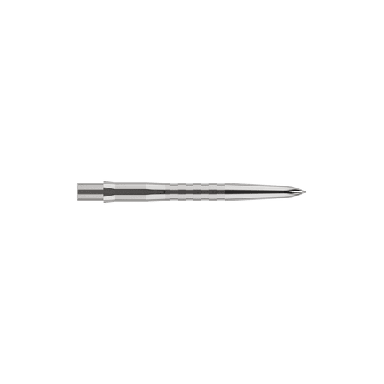 Mission Caliburn EVO Dart Tips - Grooved - Silver Auf dem Bild ist eine silberne, gerillte Steeldartspitze zu sehen. Sie ist schmal, lang und hat eine spitze Vorderseite.