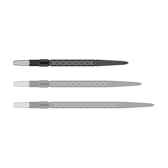 Target Swiss FLT Point Dart Tips - Black Eine schwarze Dartspitze ist einzeln zu sehen. Die Spitze liegt waagerecht.
