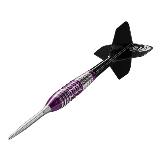 Target Japan Prime Series Tung Suk Zenith GEN1 Swiss Point Steeldarts - 23g Dies ist ein Steeldart aus der Target Japan Prime Serie in der Ausführung "Tung Suk Zenith GEN1 Swiss Point" mit 23g Gewicht. Der Dart hat ein auffälliges Design mit lila und silbernen Ringen und schwarzen Flights.