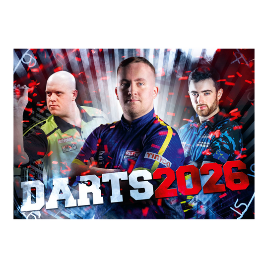 Darts Kalender 2026 Darts Kalender 2026 ist abgebildet. Der Kalender illustriert verschiedene Darts-Themen für das Jahr 2026.