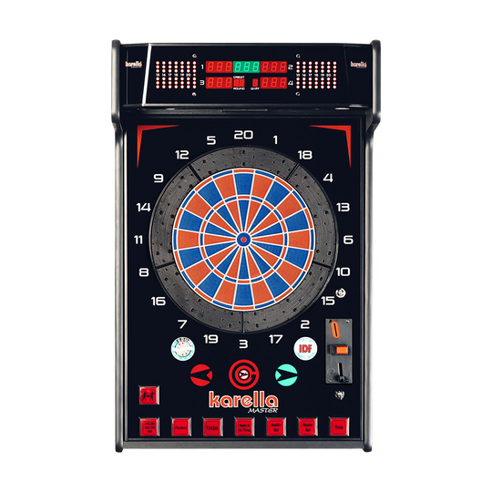Das Bild zeigt den Karella E-MASTER Dartautomaten mit Münzeinwurf. Das Gerät hat eine elektronische Anzeige und ist für das Spielen von Darts geeignet.