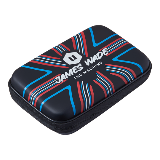 Das Bild zeigt ein Dartwallet mit dem Aufdruck "James Wade The Machine". Das Etui ist schwarz mit roten, blauen und weißen Designelementen.