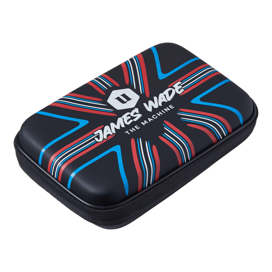 Unicorn Ultra James Wade dart wallet Das Bild zeigt ein Dartwallet mit dem Aufdruck "James Wade The Machine". Das Etui ist schwarz mit roten, blauen und weißen Designelementen.