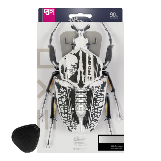 Target EXO SP02 Swiss Point steel darts Das Bild zeigt die Verpackung der "Target EXO SP02 Swiss Point Steeldarts". Auf der Verpackung ist ein stilisierter Käfer abgebildet, in dessen Körper die Darts integriert sind.