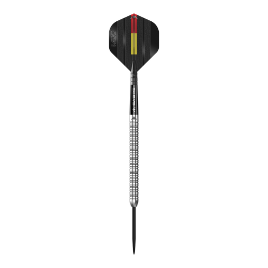 Mission Mike De Decker MDD Silver Steel Darts Das Bild zeigt einen einzelnen silbernen Steeldart namens "Mission Mike De Decker MDD Silver Steeldarts". Der Dart hat ein schwarz-gelbes Flight-Design und eine geriffelte silberne Barrel.
