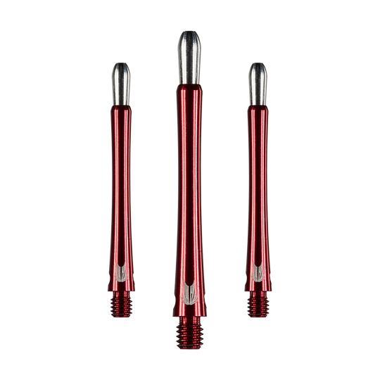 Das Bild zeigt drei rote Aluminium-Schäfte für Darts mit silbernen Enden. Die Schäfte haben ein glänzendes Finish und ein einfaches, elegantes Design.