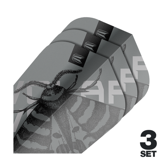 Target Pro Ultra Volar Ten-X Flights - 3 sets Das Bild zeigt drei Sätze Target Pro Ultra Volar Ten-X Flights in grau mit einem stilisierten Insekten-Design. In der Ecke steht "3 Set" in schwarzer Schrift.
