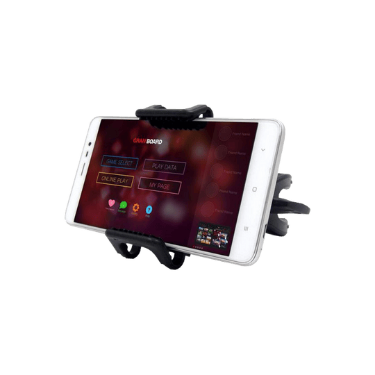 GRN0038_GranBoard_Smartphone_Holder_2 Das Bild zeigt den GranBoard Smartphone-Halter mit einem eingespannten Smartphone. Auf dem Bildschirm des Smartphones ist das GranBoard-Menü zu sehen.